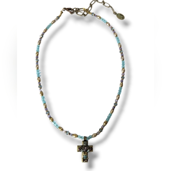 Vintage Michal Golan Handcrafted Semipreciius Stone Beads Ornate Cross Necklace - Picture 5 of 8